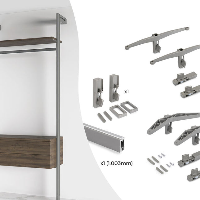 Emuca Kit of supports for 1 wooden shelf, 1 module and 1 hanging bar of length 1m Zero