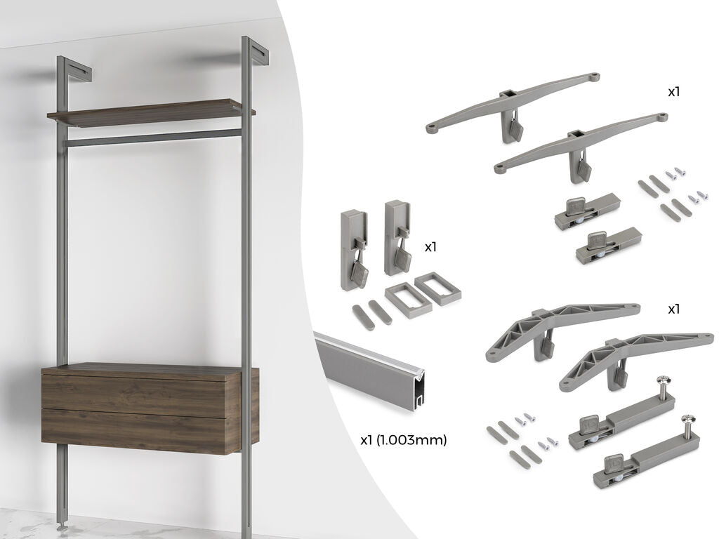 Emuca Kit of supports for 1 wooden shelf, 1 module and 1 hanging bar of length 1m Zero, Zamak, Painted textured black