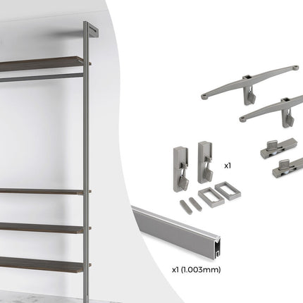 Emuca Kit de soportes para 4 estantes de madera y 1 barra de colgar de longitud 1m Zero, Aluminio y Zamak