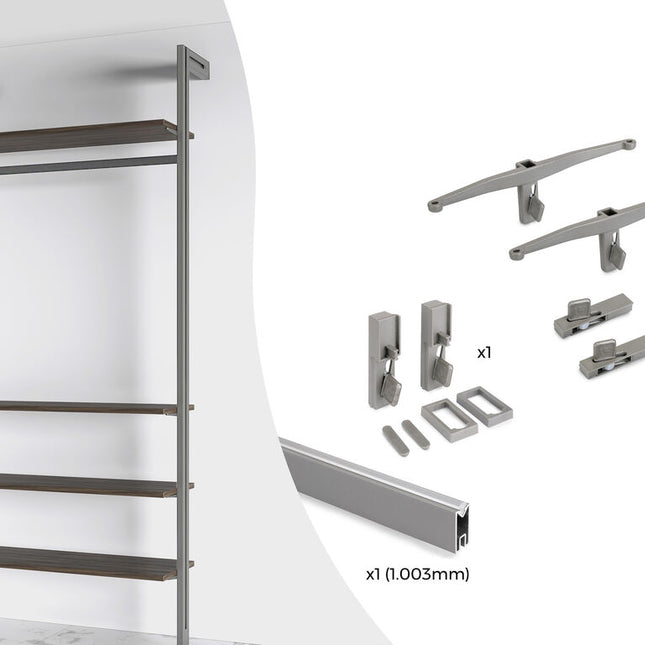 Emuca Kit of supports for 4 wooden shelves and 1 hanging bar, 1m long, Zero, Aluminium and Zamak