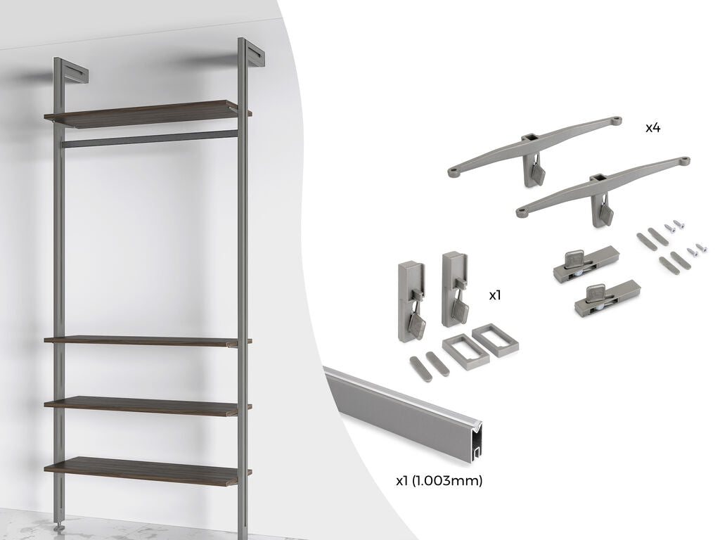 Emuca Kit of supports for 4 wooden shelves and 1 hanging bar, 1m long, Zero, Aluminium and Zamak and Plastic, Painted in textured black