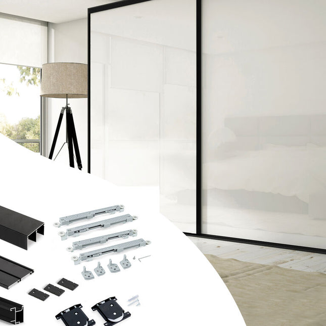 Sistema de correr Placard 74 para roupeiros de 2 portas com rodízios inferiores, puxador Sharp e fecho suave