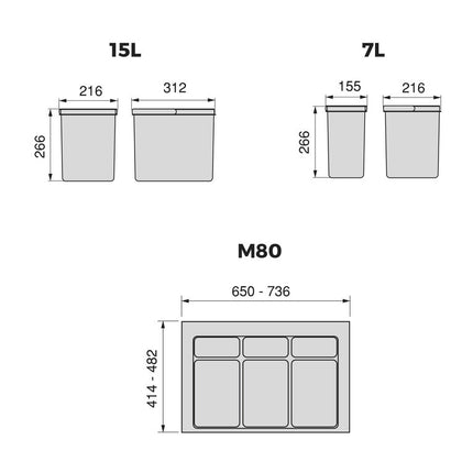 Kit de contenedores de reciclaje para cajón de cocina con base