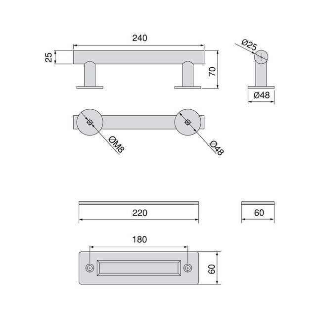 Puxador Pasadena para portas de correr de madeira suspensas, comprimento 240 mm, centro a centro 180 mm, aço, preto