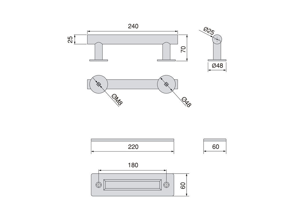 Tirador para puertas correderas colgadas de madera Pasadena, Longitud 240 mm, Intereje 180 mm, Acero, Negro