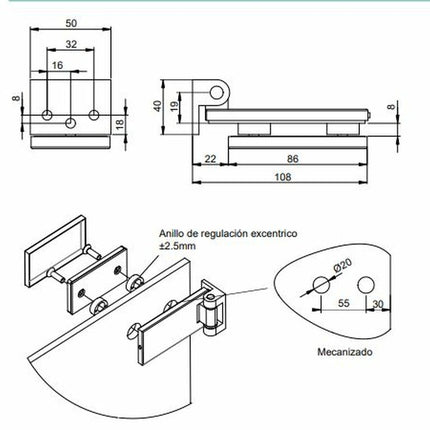 Bisagra para puerta de cristal, bisagra horizontal con pala de 34/40mm, para puerta de 8-12mm
