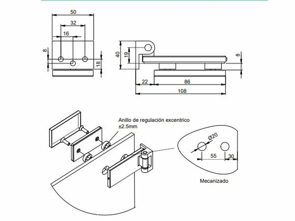 Bisagra para puerta de cristal, bisagra horizontal con pala de 34/40mm, para puerta de 8-12mm