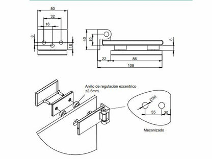 Bisagra para puerta de cristal, bisagra horizontal con pala de 34/40mm, para puerta de 8-12mm