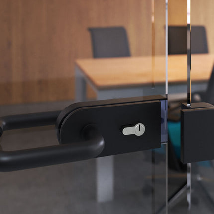 Emuca Kit cerradura y cerradero para puerta doble de cristal, puerta vidrio 8-12mm, acero y aluminio