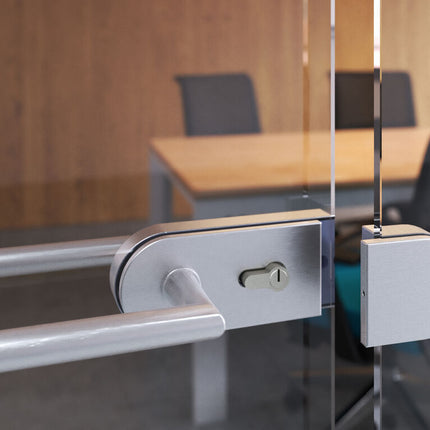 Emuca Kit cerradura y cerradero para puerta doble de cristal, puerta vidrio 8-12mm, acero y aluminio