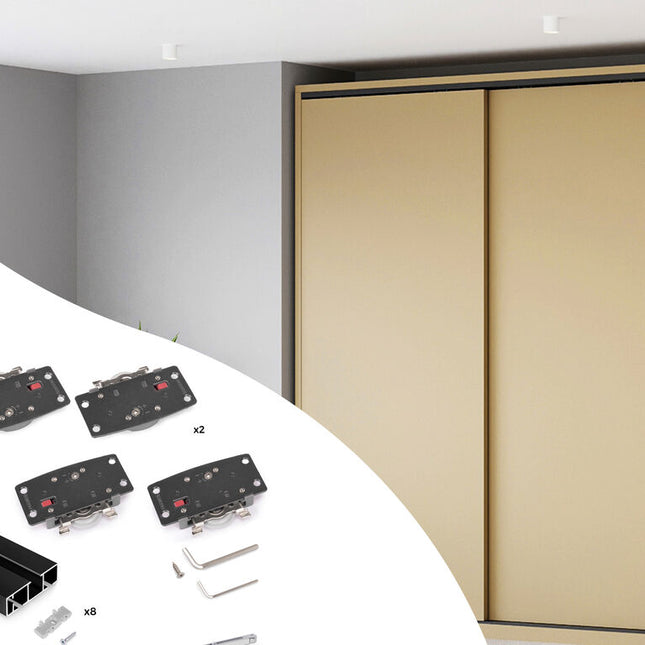 Kit de ferragens do sistema Flow 2 para 2 portas de correr de madeira com suporte e fecho suave