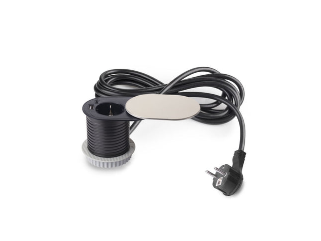 Emuca Multiconector con tapa deslizante Vertikal Flat 60, diámetro 60mm, 1 enchufe Schuko, 1 USB tipo A, Acero inoxidable