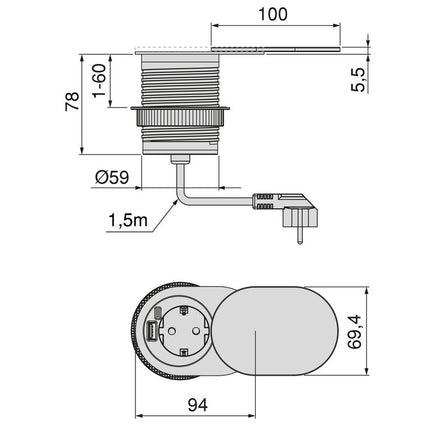 Emuca Multiconector con tapa deslizante Vertikal Flat 60, diámetro 60mm, 1 enchufe Schuko, 1 USB tipo A, Acero inoxidable