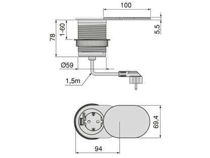 Emuca Multiconnector with sliding cover Vertikal Flat 60, diameter 60mm, 1 Schuko type socket, 1 USB type A, Steel and Plastic, Stainless steel