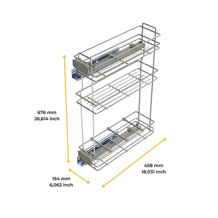 Botellero extraíble SupraMax con cierre suave, lateral izquierdo, 3 bandejas, módulo 150/200mm, Acero, Cromado
