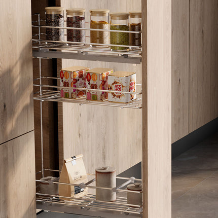 Botellero extraíble SupraMax con cierre suave, lateral izquierdo, 3 bandejas, módulo 150/200mm, Acero, Cromado