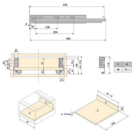 Cajón exterior Simplex 25kg de altura 88mm, Acero