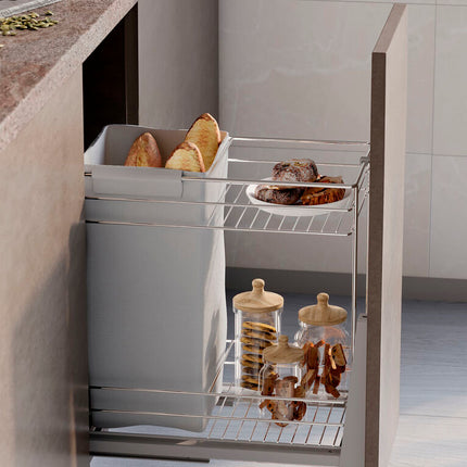 Carro extraíble con cestas y panero Supra de fijación inferior con cierre suave, módulo 300mm, Acero, Cromado