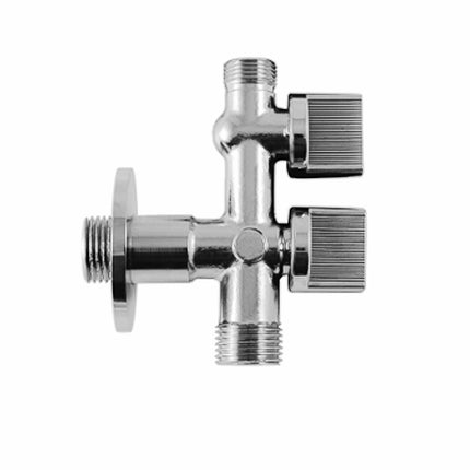 Llave De Escuadra Doble Salida 3/4" y 3/8". Entrada De 1/2". Llave De Paso Doble, Llave Angular Doble, Toma Lavadora Doble. · Vista 1
