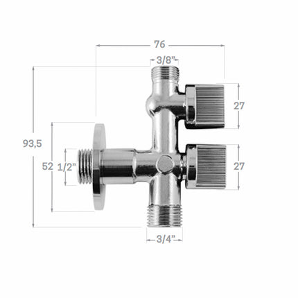 Llave De Escuadra Doble Salida 3/4" y 3/8". Entrada De 1/2". Llave De Paso Doble, Llave Angular Doble, Toma Lavadora Doble. · Vista 2