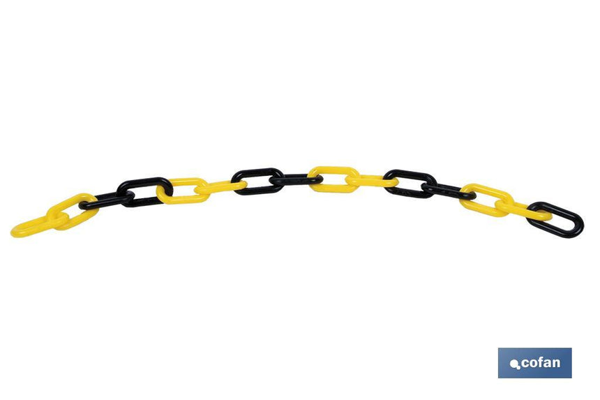 Cadena de polipropileno | Color: amarillo y negro | Rollos de 30 metros | Eslabón de 8 mm