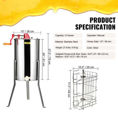 Extractor de miel manual 3 marcos centrífuga separador de miel de acero inoxidable