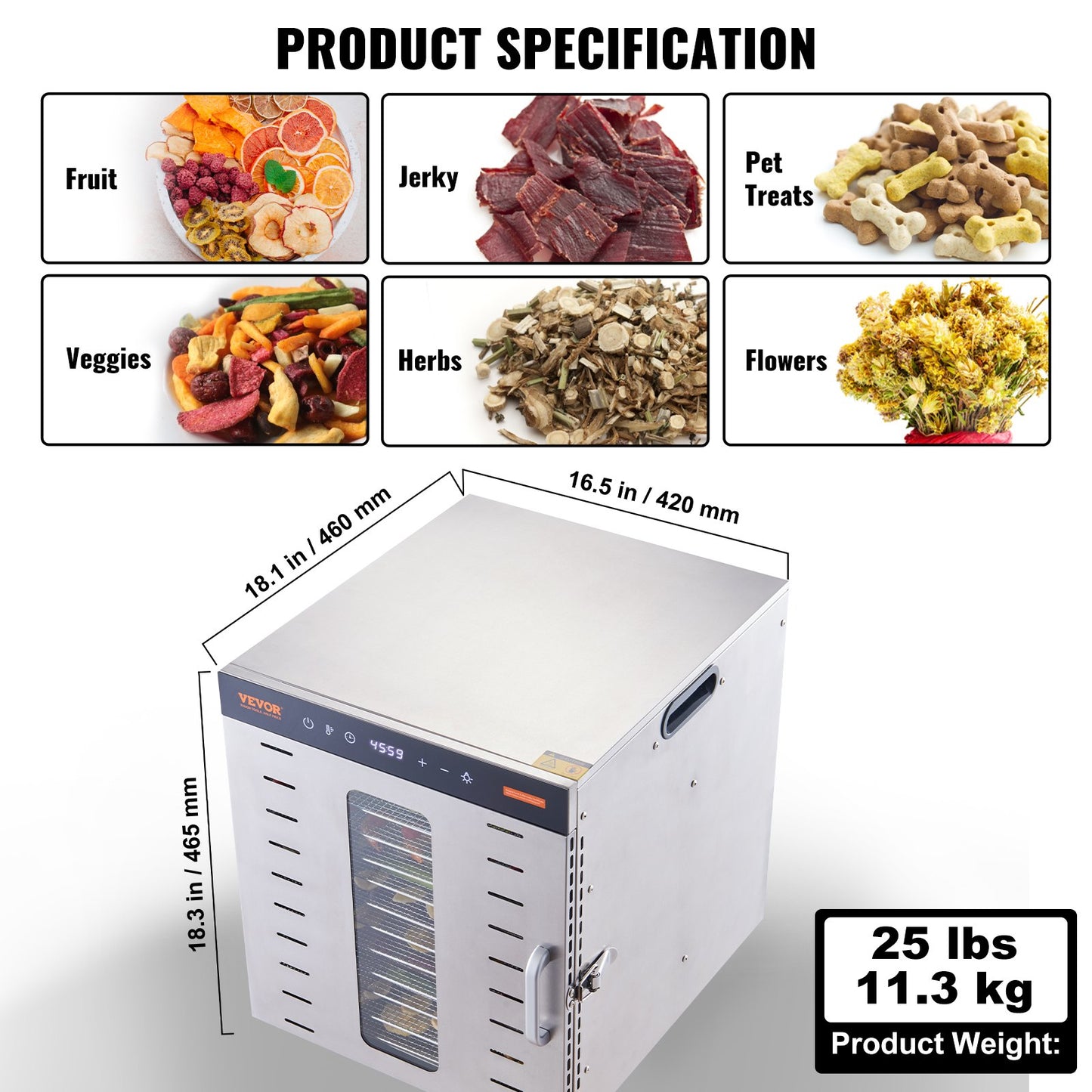 Deshidratadora de alimentos 10 bandejas de acero inoxidable 1000W