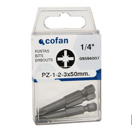 Kit de puntas de acero para atornillar | Contenido 3 puntas Pozi drive de 50 mm | Modelo 1/4 PZ