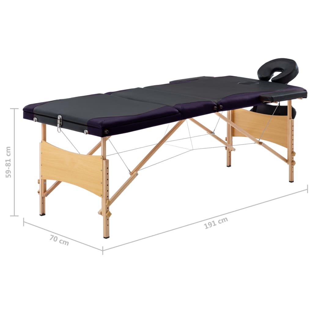 Folding massage table 3 zones black and purple wood