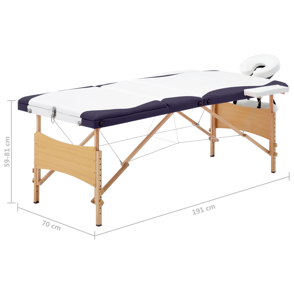 Folding massage table 3 zones white and purple wood