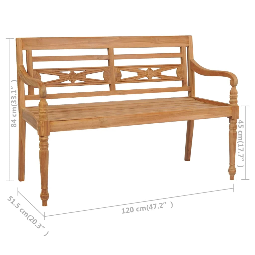 Batavia solid teak bench with beige cushion 120 cm