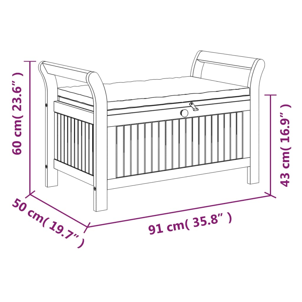 Garden storage bench with cushion, solid acacia wood, 91 cm