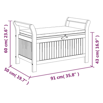 Garden storage bench with cushion, solid acacia wood, 91 cm