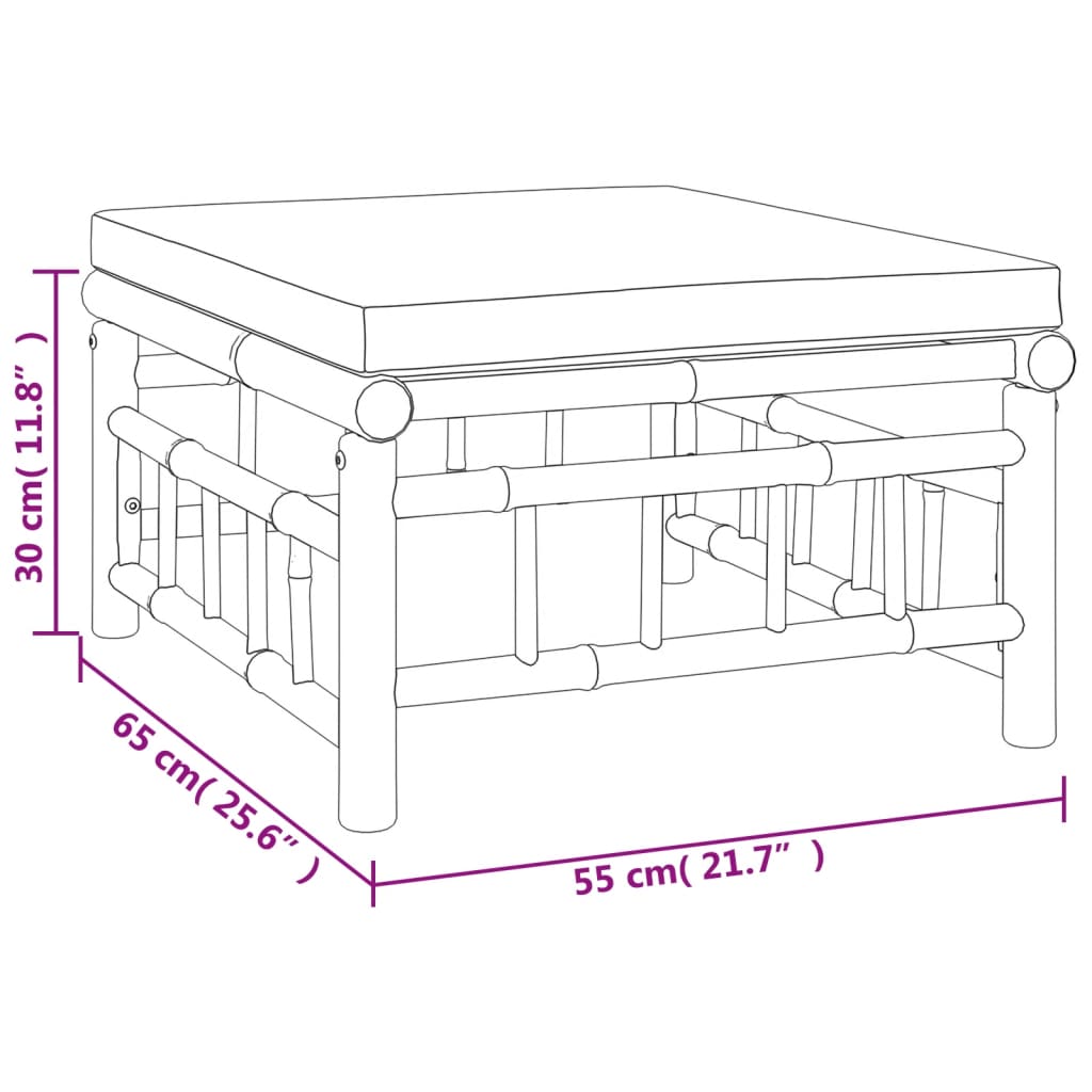 Set de muebles de jardín 3 piezas bambú y cojines blanco crema