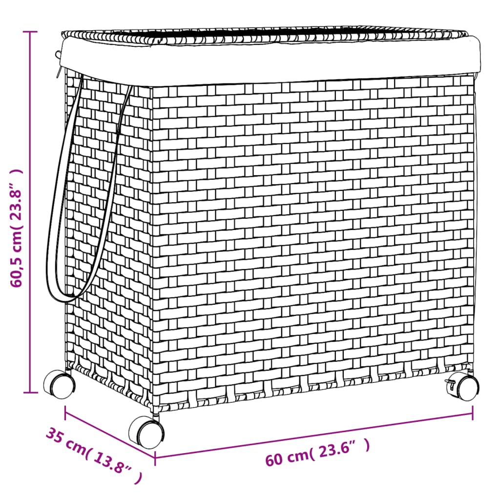 vidaXL Cesto de ropa sucia con ruedas ratan 60x35x60,5cm