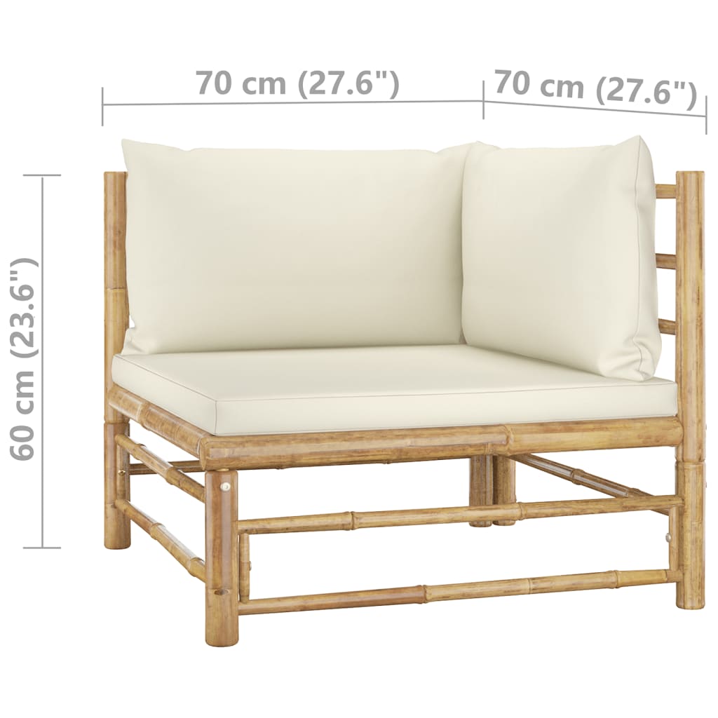 Set de muebles de jardín 9 piezas bambú y cojines blanco crema