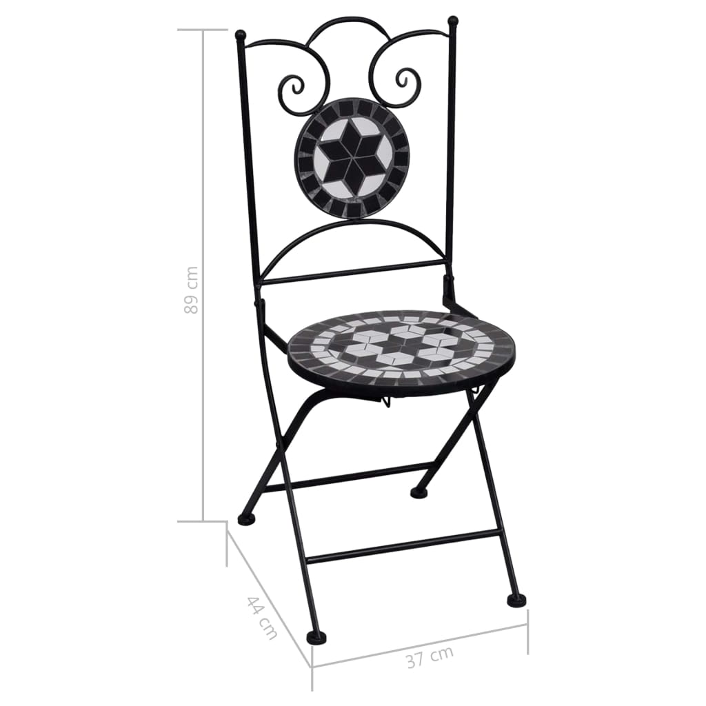 Bistro table and chairs 3 pieces black and white ceramic mosaic