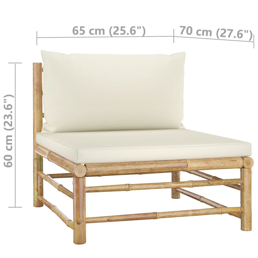 Set de muebles de jardín 9 piezas bambú y cojines blanco crema