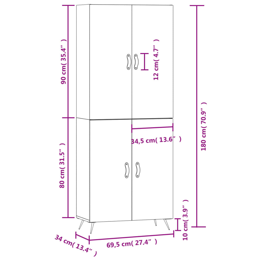 High sideboard white gloss plywood 69.5x34x180 cm