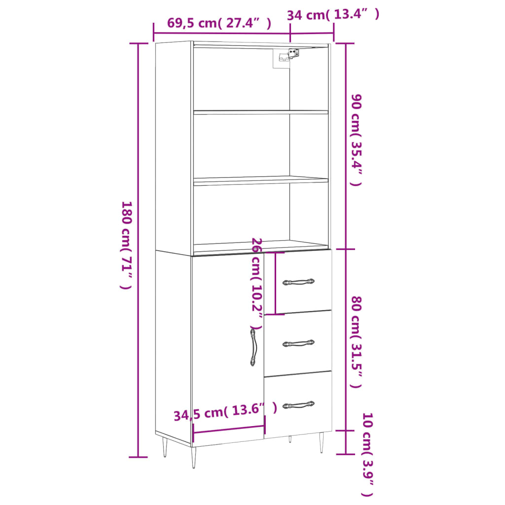 High sideboard concrete grey plywood 69.5x34x180 cm