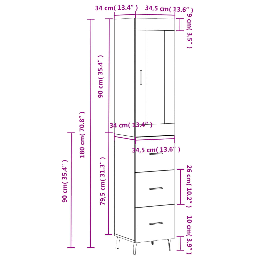 High sideboard Sonoma grey plywood 34.5x34x180 cm