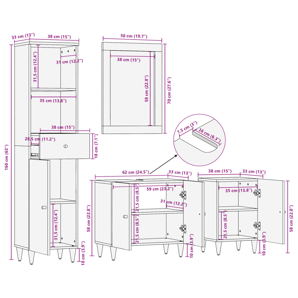 Conjunto de muebles de baño 4 piezas madera maciza de mango