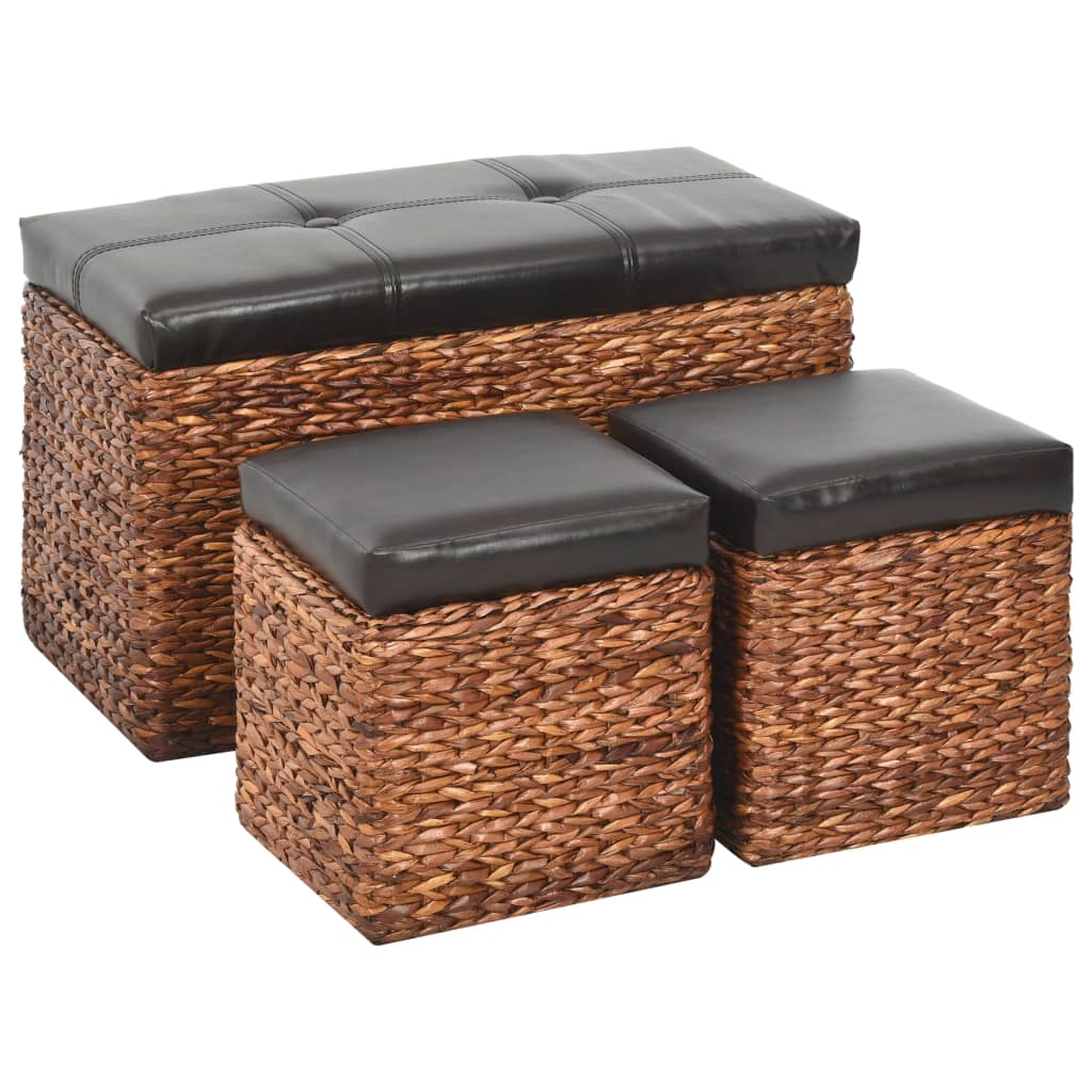 Bench with 2 brown and black seagrass ottomans