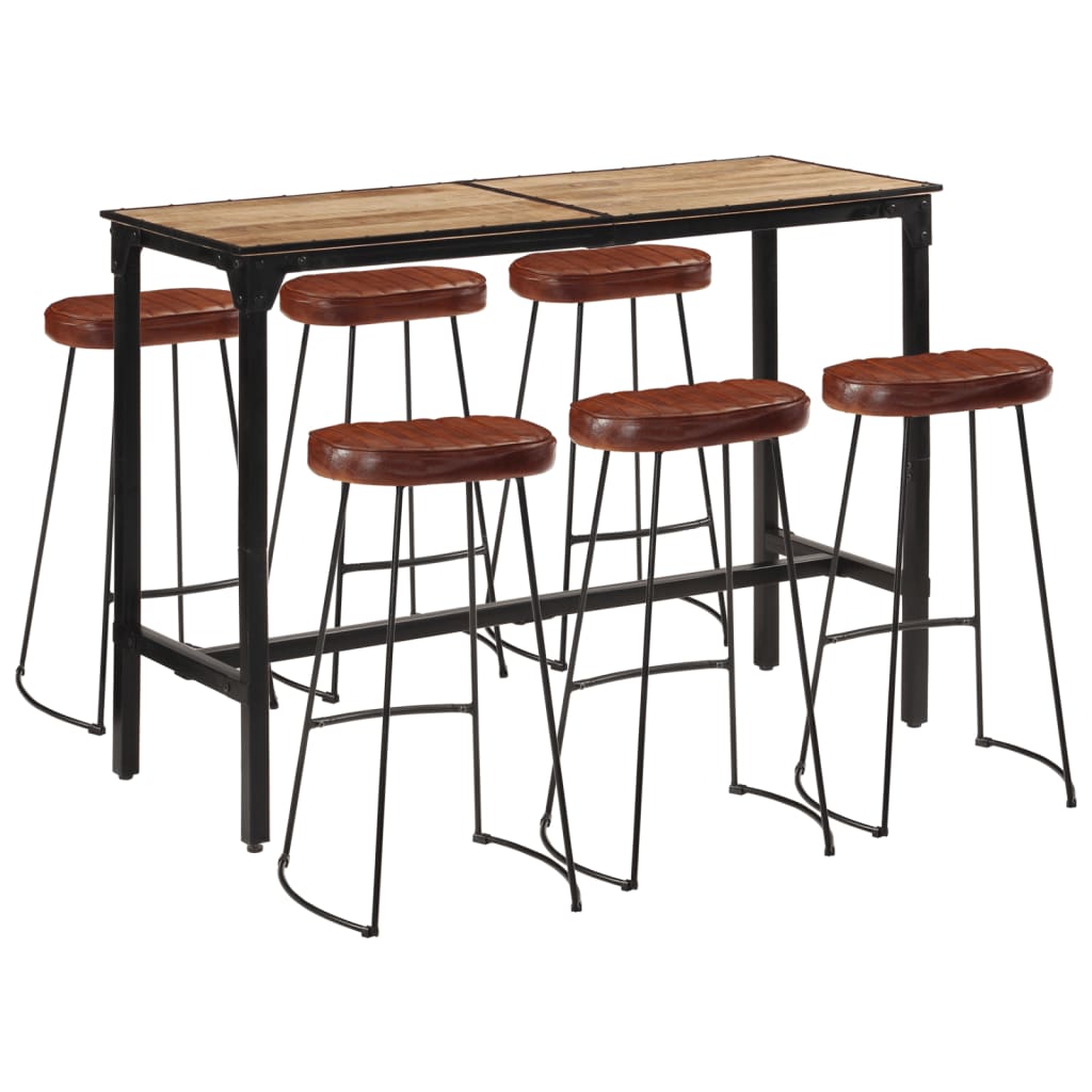 7-piece bar furniture set made of solid recycled wood and genuine leather