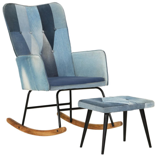 Armchair with footrest in denim blue patchwork canvas