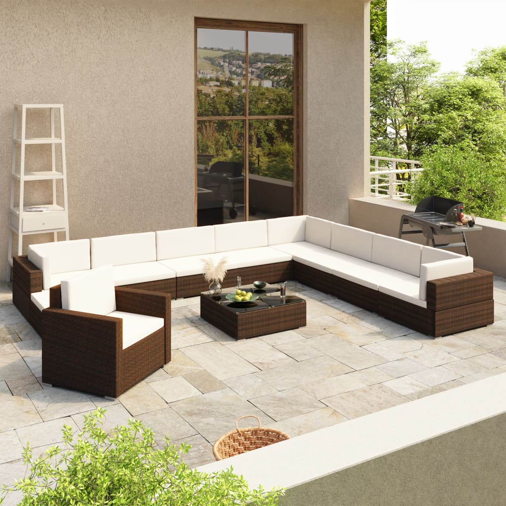 Set muebles de jardín y cojines 12 pzas ratán sintético marrón