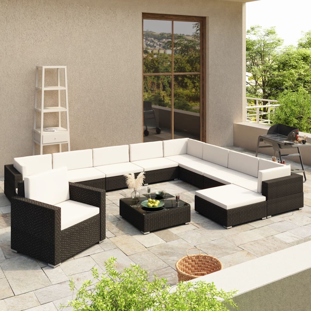 Set muebles de jardín y cojines 12 pzas ratán sintético marrón