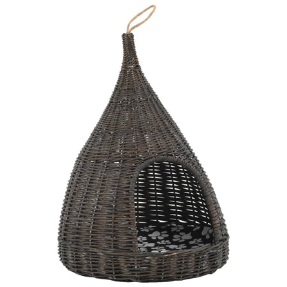 Cat house with tipi-shaped cushion, natural willow, grey, 40x60cm