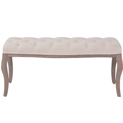 Solid wood bench and cream white linen 110x38x48 cm