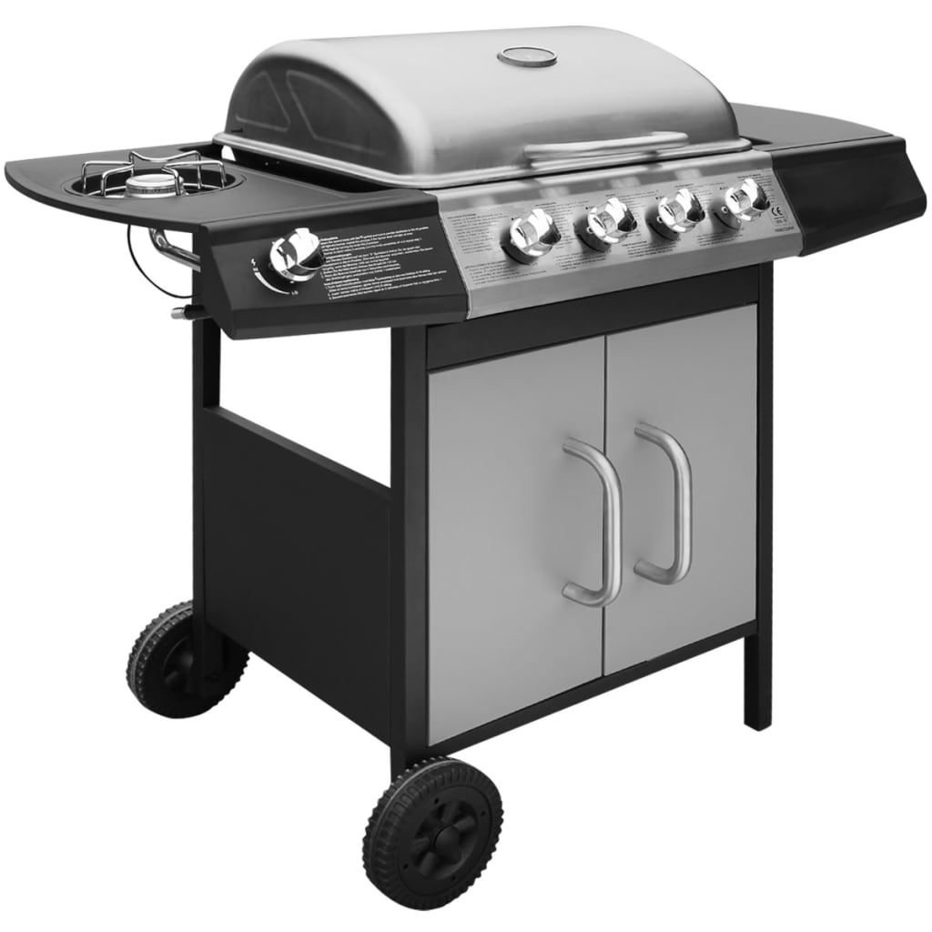 4+1 cooking zone gas grill barbecue, black and silver